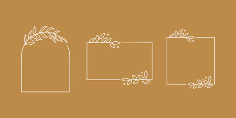 set of floral square rectangle frame line art illustration for copy space and quotes. laurel wreath border branches design ornament. hand drawn vector element collection.