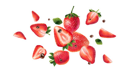 Fresh strawberries flying on a white background.