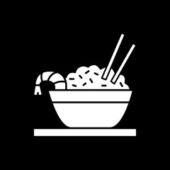 Rice with prawn dark mode glyph icon. Bowl with seafood dish. Asian cuisine. Indian culinary. Cooked rice with shrimp. White silhouette symbol on black space. Vector isolated illustration