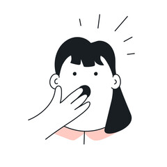 The wondered girl covers her surprised face. Emotional shock, surprise, wow effect. Thin line elegance vector illustration on white.
