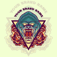 bear head with roses illustration