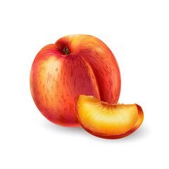 Whole peach with a slice on white background.