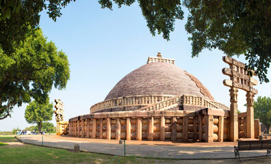 Sanchi / India 17 October 2017  panoramic view of Sanchi Great Stupa Ancient Buddhist Monument at...