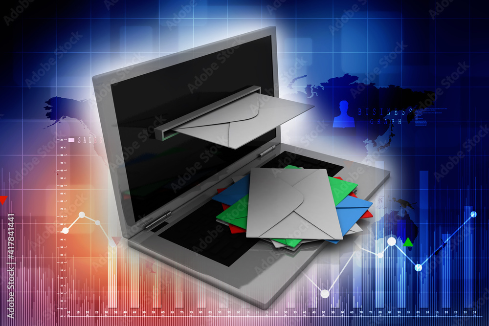 Poster 3d rendering laptops with mail envelops ,