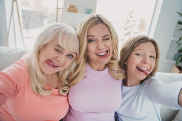 Photo portrait of different generations women taking selfie grimacing fooling showing tongues at home silly faces - obrazy, fototapety, plakaty