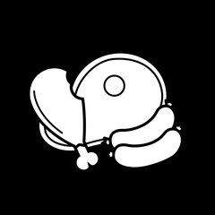 Meat butchery dark mode glyph icon. Fresh poultry and raw beef. Animal cut out. Tenderloin and sirloin. Sausages for cooking. White silhouette symbol on black space. Vector isolated illustration