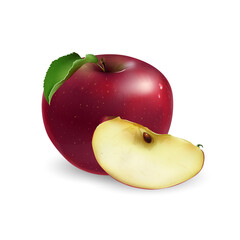 Whole red apple with a slice on white background.