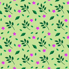 Seamless pattern has leaves and flowers on light green background.