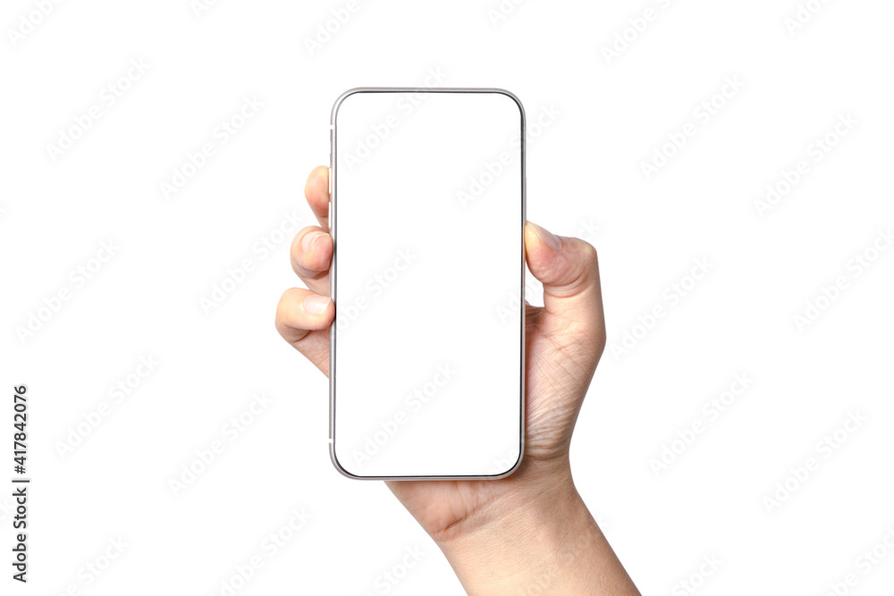 Poster isolated of hand holding smartphone with blank screen frame on white background for mockup template.