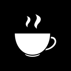 Hot tea in cup dark mode glyph icon. Steaming drink in mug. Flavoured coffee. Cafe menu beverage. Scented mocha. White silhouette symbol on black space. Vector isolated illustration