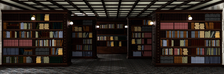 Panoramic view of the interior of the old library. Large wooden bookcases with various books. 3d rendering