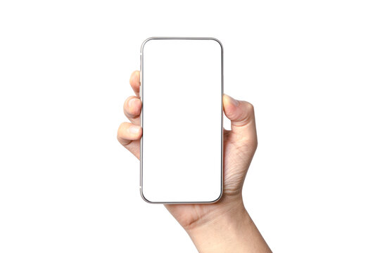 Isolated of  Hand holding smartphone with blank screen frame on white background for mockup template. Mobile phone device concept.