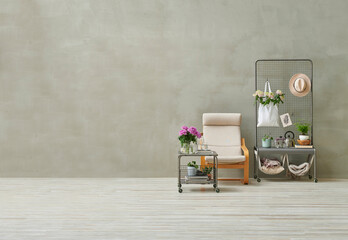 Grey stone wall parquet floor room style, metal shelf, flower detail in the bag chair.