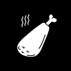 Cooked meat dark mode glyph icon. Barbecue cookery. Steaming grilled pork leg. Hot roasted chicken thigh. BBQ cooking. White silhouette symbol on black space. Vector isolated illustration