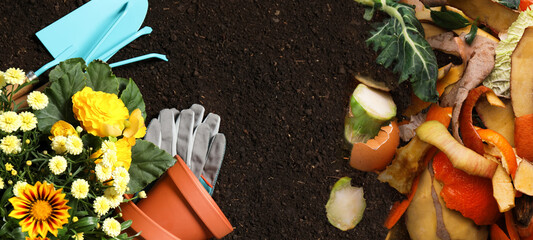 Gardening tools, flowers and organic waste for composting on soil, flat lay. Natural fertilizer