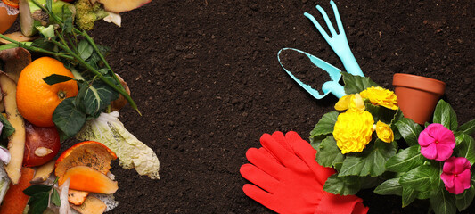 Gardening tools, flowers and organic waste for composting on soil, flat lay. Natural fertilizer