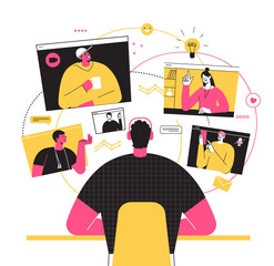Vector illustration, work from home online, remote work, self-isolation. Freelancer work and holding a video conference with collegges from home. Internet connection. Friends video meeting