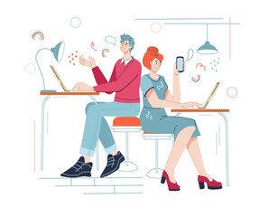 Business people working in coworking open space office. Shared coworking environment and teamwork, flat cartoon vector illustration.