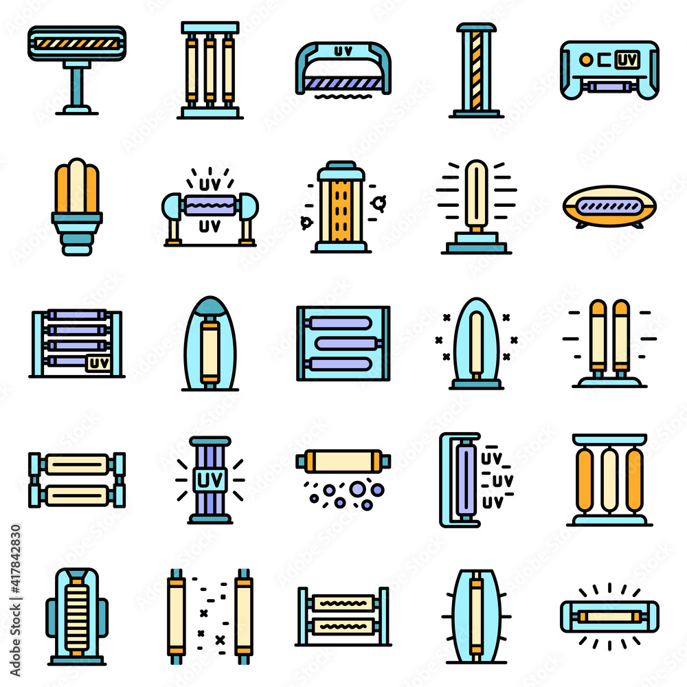 Aufkleber uv lamp icons set. outline set of uv lamp vector icons thin line color flat on white
