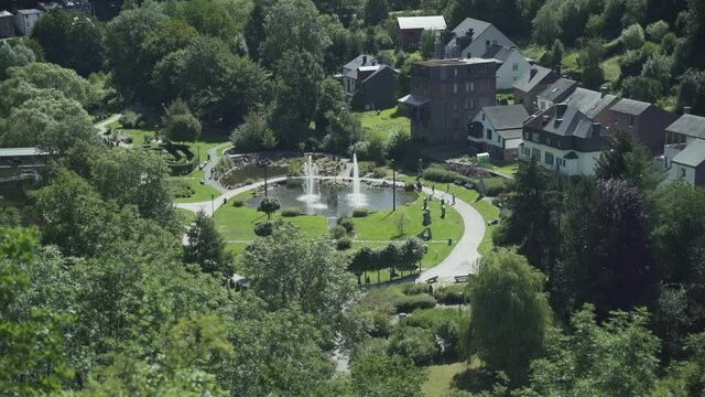 View of the fountains in the park Le parc de rompr&eacute; in La Roche en Ardenne, Ardennes, Blegium, Europe, 4K, 25fps