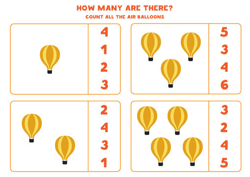 Math game. Count all air balloons. Transportation themed games.