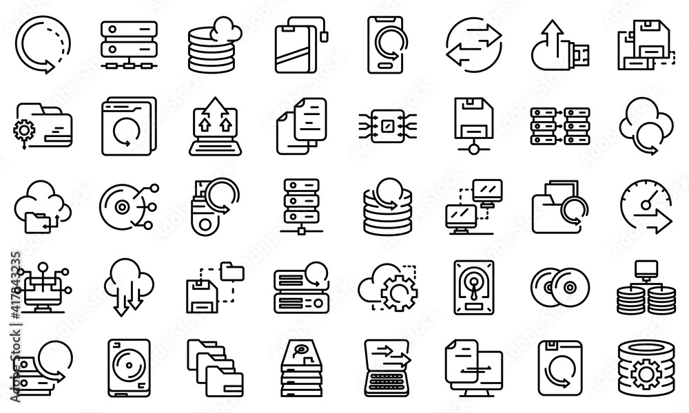 Poster backups icons set. outline set of backups vector icons for web design isolated on white background