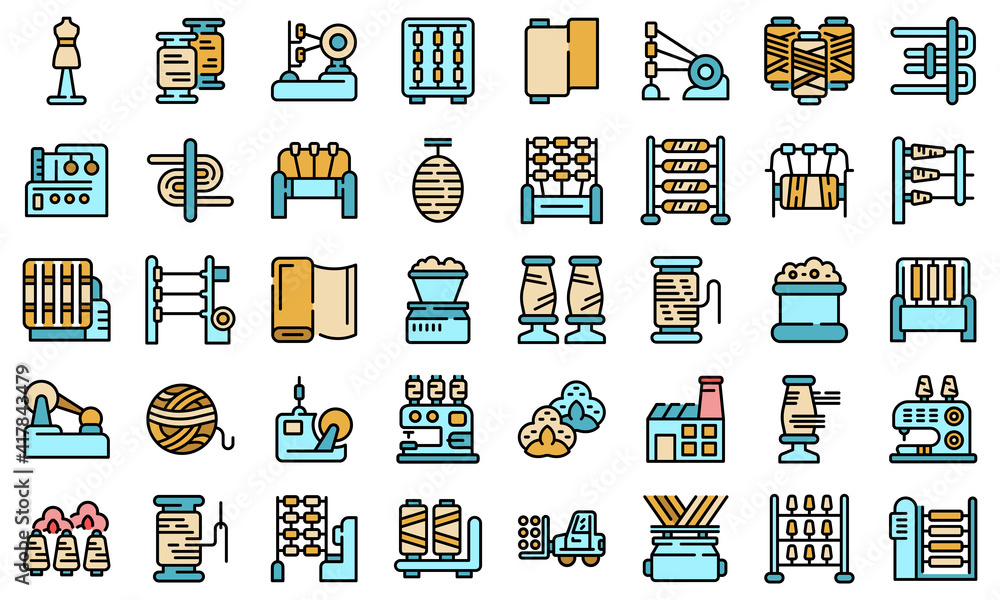 Aufkleber thread production icons set. outline set of thread production vector icons thin line color flat on w