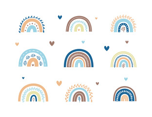 Set of Scandinavian leafy rainbows with hearts in pastel blue colors for nursery posters, children arts, boho cards, baby shower, textile isolated on white background.