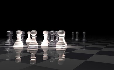 Tablero de ajedrez efecto espejo con piezas blancas y negras brillantes. 3D. Render