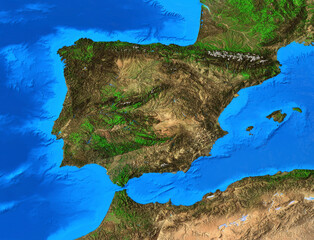 Physical map of Spain and Portugal. Detailed flat view of the Planet Earth and its landforms. 3D illustration - Elements of this image furnished by NASA
