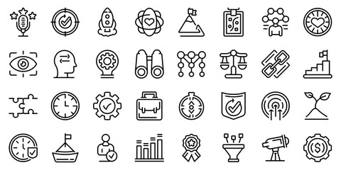 Core values icons set. Outline set of core values vector icons for web design isolated on white background