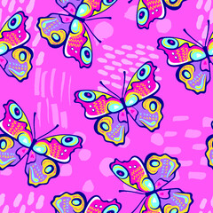 Naklejka na ściany i meble Seamless bright pattern with butterflies. Paints paint, hand drawn butterflies. Pattern for textiles, children's clothes, wrapping busakgi .. Girlish background