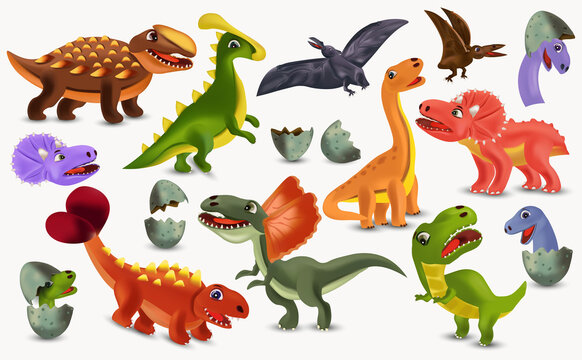 Dinosaurs Tyrannosaurus, Brachiosaurus, Pterodactyl, Triceratops, Stegosaurus cartoon character. Big collection Dinosaurs. Dinosaurs hatching from an egg. 3D vector illustration.