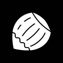 Hazelnut dark mode glyph icon. Nut for healthy eating. Kernel from shell. Diet product. Fiber, protein and vitamin source. White silhouette symbol on black space. Vector isolated illustration