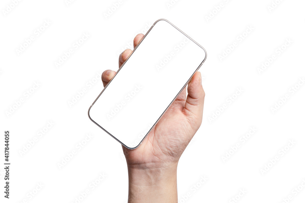 Poster isolated of hand holding smartphone with blank screen frame on white background for mockup template.