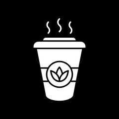 Hot herbal tea to go dark mode glyph icon. Drink take out. Steaming beverage for take away. Portable cup with leaf tea. White silhouette symbol on black space. Vector isolated illustration