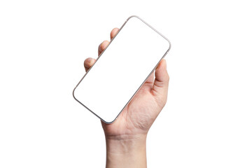 Isolated of  Hand holding smartphone with blank screen frame on white background for mockup template. Mobile phone device concept.