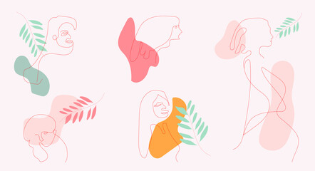 Women abstract line art with colorful background.