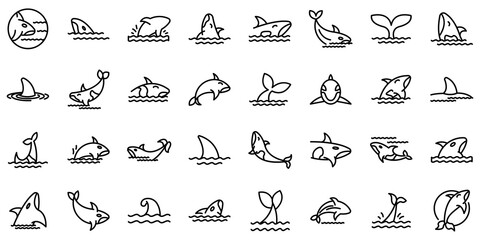 Killer whale icons set. Outline set of killer whale vector icons for web design isolated on white background
