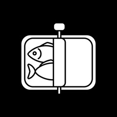Canned sardine dark mode glyph icon. Opened tin of fish. Preserved seafood. Mackerel in aluminium container. Grocery food. White silhouette symbol on black space. Vector isolated illustration