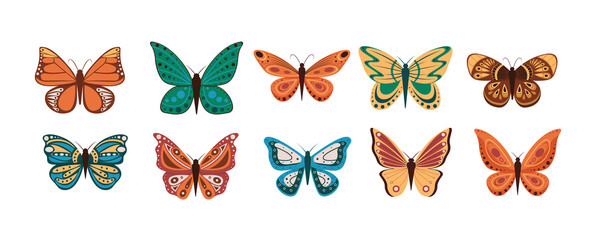 Vector illustration of cartoon butterflies isolated on white background. Abstract butterflies, colorful flying insect.