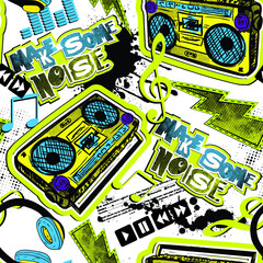 Abstract seamless grunge urban pattern with radio tape recorder, headphones, text Make some noise drawing in graffiti style. For boys. For textile, sport wear, graphic tees and more