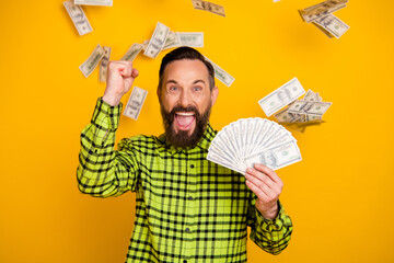 Photo of excited man happy celebrate win victory lottery cash money dollars fists hands shout isolated over yellow color background