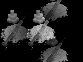 Injection syringe on cocaine drug powder pile and lump sugar cubes on black background, sugar is more addictive than cocaine, isolated cubes of white sugar and cocaine on black background