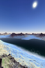Alien Planet. Mountain and lake. 3D rendering