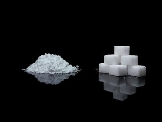 Cocaine drug powder pile and ump sugar cubes on black background, sugar is more addictive than...