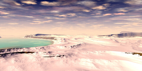 Obraz premium Alien Planet. Mountain and lake. 3D rendering