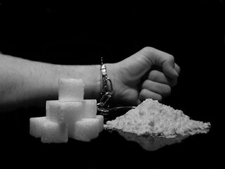 Handcuffed man is addicted to sugar and cocaine, sugar is more addictive than cocaine, white sugar cube and cocaine drug powder pile are linked with handcuffed addicted man hand
