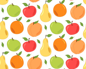 Seamless repeating fruit pattern. Pears apples peaches and oranges. Isolated colored cartoon objects on a white background.
