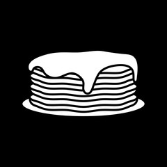 Pancakes with maple syrups dark mode glyph icon. Breakfast food. Homemade meal. Crepes with jam. Sweet treat on plate. White silhouette symbol on black space. Vector isolated illustration